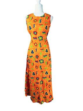VTG 90s Groovy Rayon Maxi Dress Psychedelic Boho Sun Dress Sz S